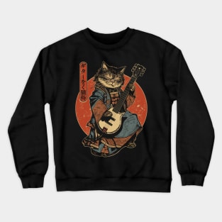 Samurai Cat Playing The Electric Guitar Crewneck Sweatshirt